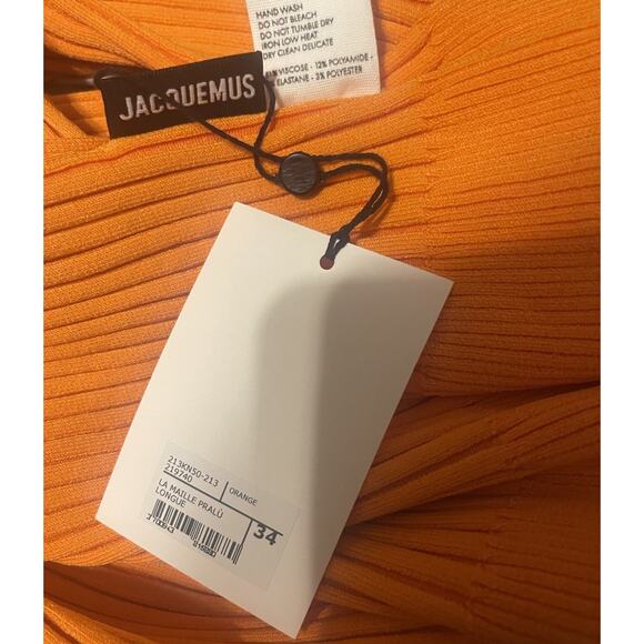 JACQUEMUS Women's 34 Orange Le Raphia Rib Knit Scoop Logo Gold Cardigan NWT - Picture 6 of 6